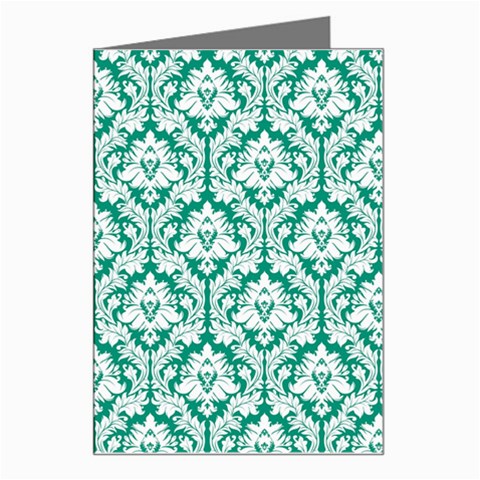 White On Emerald Green Damask Greeting Card from ArtsNow.com Left