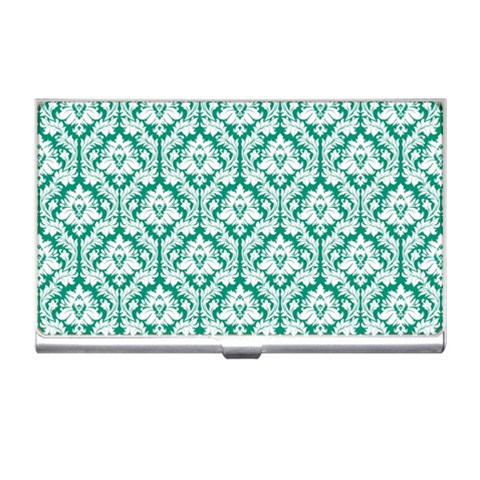 White On Emerald Green Damask Business Card Holder from ArtsNow.com Front