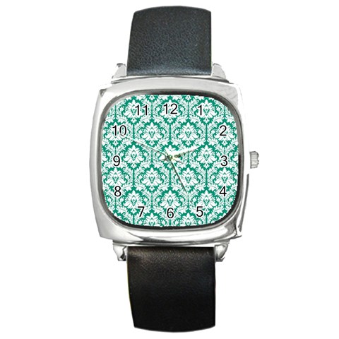 White On Emerald Green Damask Square Leather Watch from ArtsNow.com Front