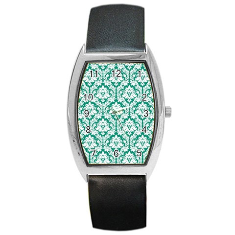 White On Emerald Green Damask Tonneau Leather Watch from ArtsNow.com Front