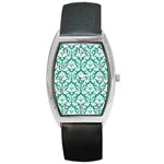 White On Emerald Green Damask Tonneau Leather Watch