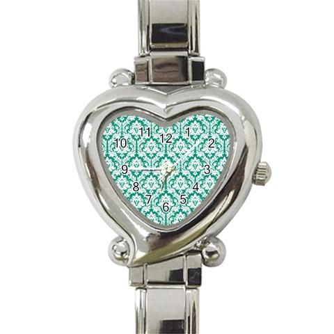 White On Emerald Green Damask Heart Italian Charm Watch  from ArtsNow.com Front