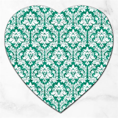 White On Emerald Green Damask Jigsaw Puzzle (Heart) from ArtsNow.com Front