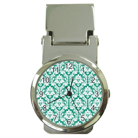 White On Emerald Green Damask Money Clip with Watch from ArtsNow.com Front