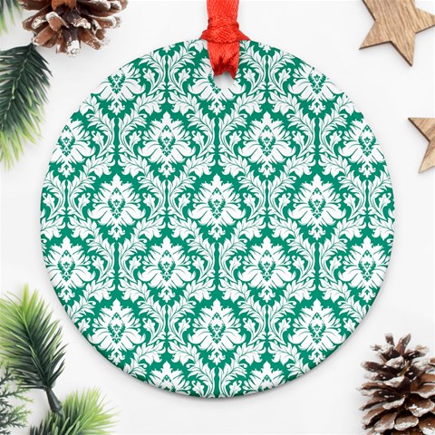 White On Emerald Green Damask Round Ornament (Two Sides) from ArtsNow.com Front