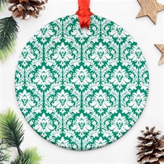 White On Emerald Green Damask Round Ornament (Two Sides) from ArtsNow.com Front