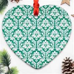 White On Emerald Green Damask Heart Ornament (Two Sides) from ArtsNow.com Front