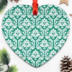 White On Emerald Green Damask Heart Ornament (Two Sides)