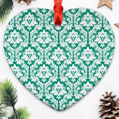 White On Emerald Green Damask Heart Ornament (Two Sides) from ArtsNow.com Back