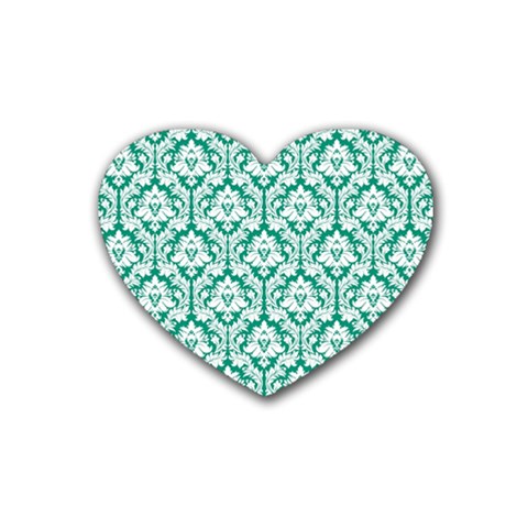 White On Emerald Green Damask Drink Coasters 4 Pack (Heart)  from ArtsNow.com Front