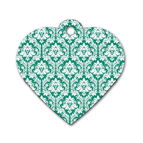 White On Emerald Green Damask Dog Tag Heart (One Sided)  from ArtsNow.com Front