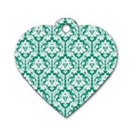 White On Emerald Green Damask Dog Tag Heart (One Sided) 