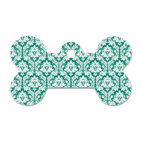 White On Emerald Green Damask Dog Tag Bone (One Sided) from ArtsNow.com Front