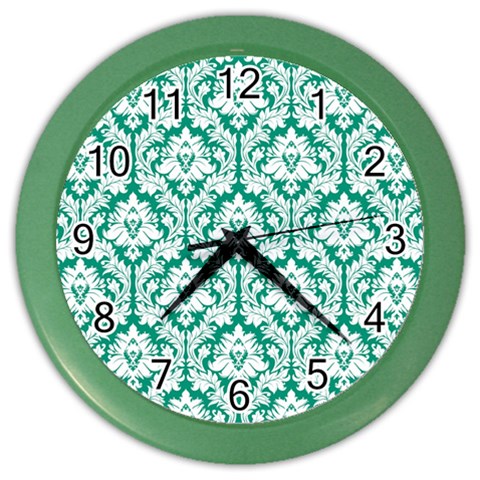 White On Emerald Green Damask Wall Clock (Color) from ArtsNow.com Front