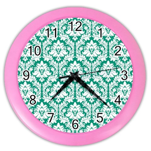 White On Emerald Green Damask Wall Clock (Color) from ArtsNow.com Front