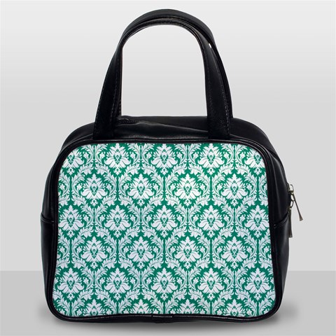 White On Emerald Green Damask Classic Handbag (Two Sides) from ArtsNow.com Front