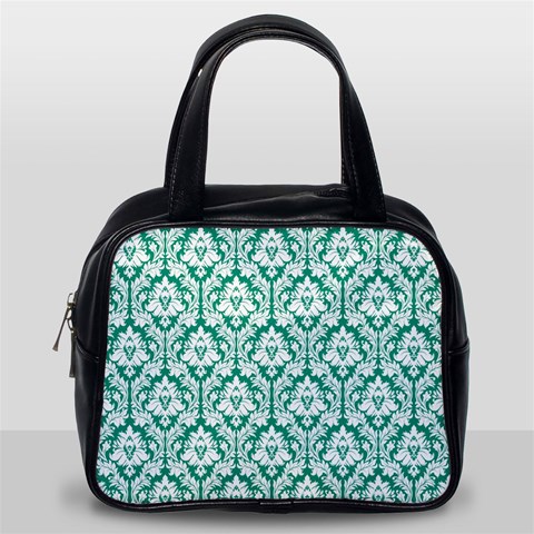 White On Emerald Green Damask Classic Handbag (Two Sides) from ArtsNow.com Back