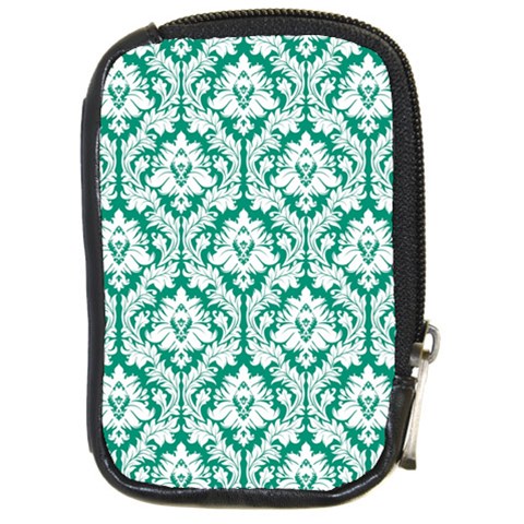 White On Emerald Green Damask Compact Camera Leather Case from ArtsNow.com Front