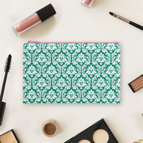 Emerald Green Damask Pattern Cosmetic Bag (Medium) from ArtsNow.com Front