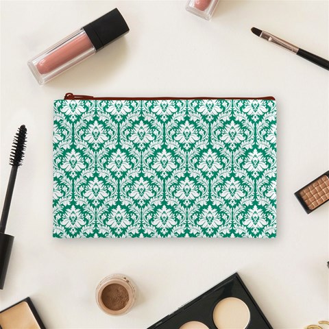 Emerald Green Damask Pattern Cosmetic Bag (Medium) from ArtsNow.com Front