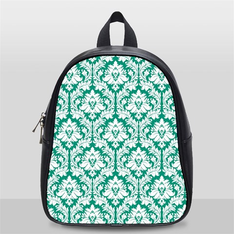 White On Emerald Green Damask School Bag (Small) from ArtsNow.com Front