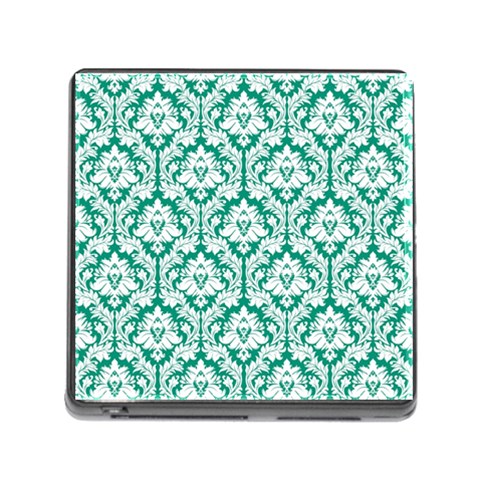 White On Emerald Green Damask Memory Card Reader with Storage (Square) from ArtsNow.com Front