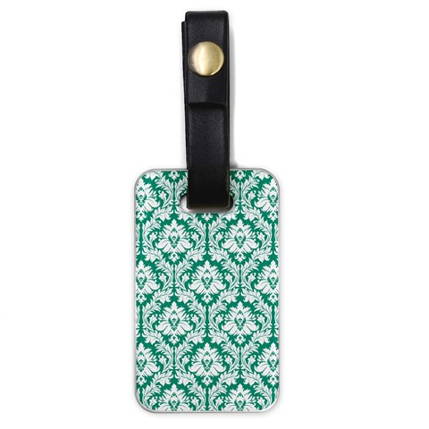 White On Emerald Green Damask Luggage Tag (One Side) from ArtsNow.com Front