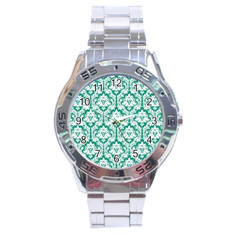 White On Emerald Green Damask Stainless Steel Watch from ArtsNow.com Front