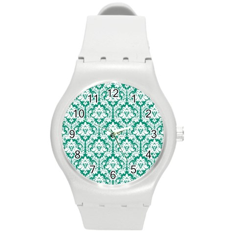 White On Emerald Green Damask Plastic Sport Watch (Medium) from ArtsNow.com Front