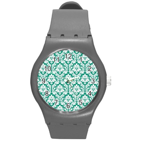 White On Emerald Green Damask Plastic Sport Watch (Medium) from ArtsNow.com Front