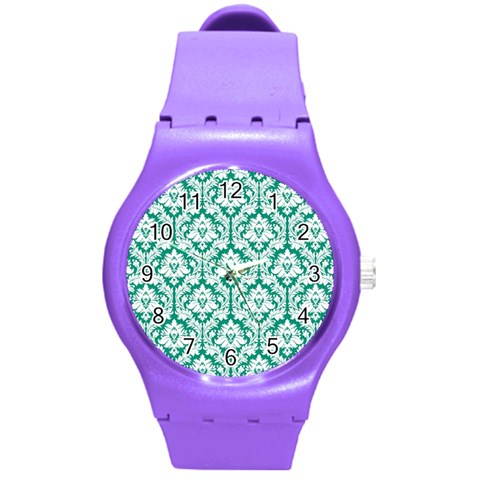 White On Emerald Green Damask Plastic Sport Watch (Medium) from ArtsNow.com Front