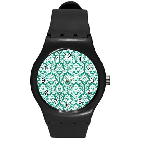 White On Emerald Green Damask Plastic Sport Watch (Medium) from ArtsNow.com Front