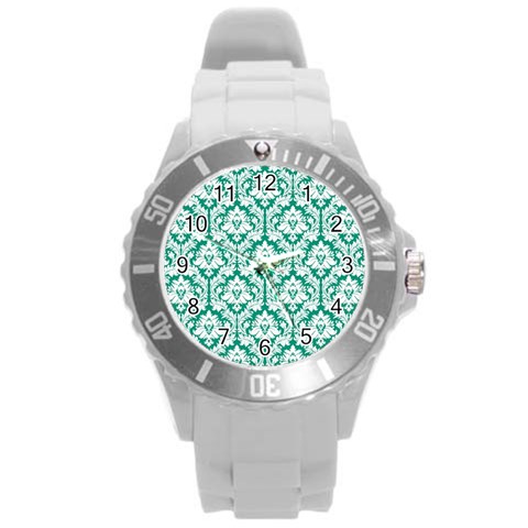 White On Emerald Green Damask Plastic Sport Watch (Large) from ArtsNow.com Front