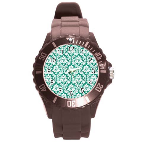 White On Emerald Green Damask Plastic Sport Watch (Large) from ArtsNow.com Front