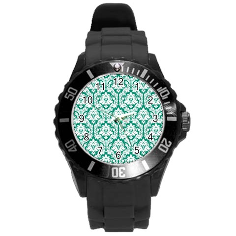 White On Emerald Green Damask Plastic Sport Watch (Large) from ArtsNow.com Front