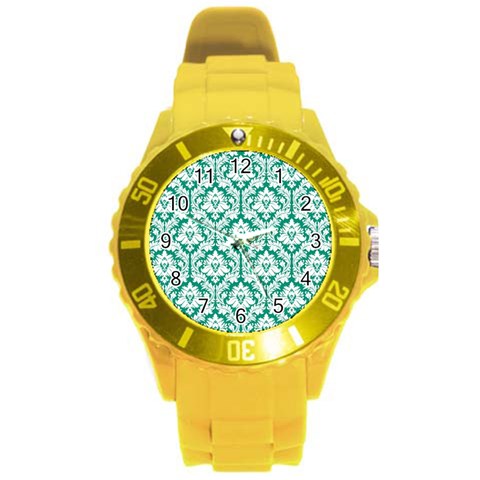 White On Emerald Green Damask Plastic Sport Watch (Large) from ArtsNow.com Front