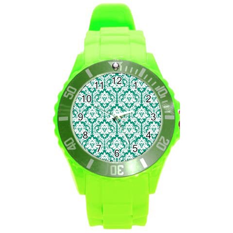 White On Emerald Green Damask Plastic Sport Watch (Large) from ArtsNow.com Front