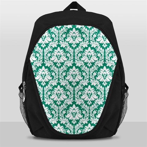 White On Emerald Green Damask Backpack Bag from ArtsNow.com Front