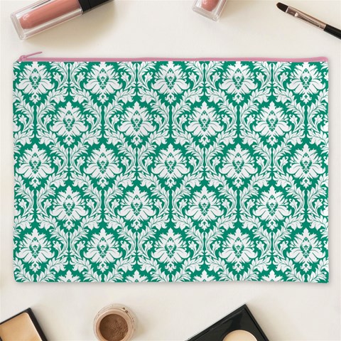 Emerald Green Damask Pattern Cosmetic Bag (XXXL) from ArtsNow.com Front