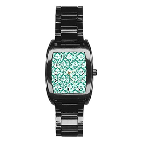 White On Emerald Green Damask Stainless Steel Barrel Watch from ArtsNow.com Front