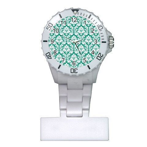 White On Emerald Green Damask Nurses Watch from ArtsNow.com Front