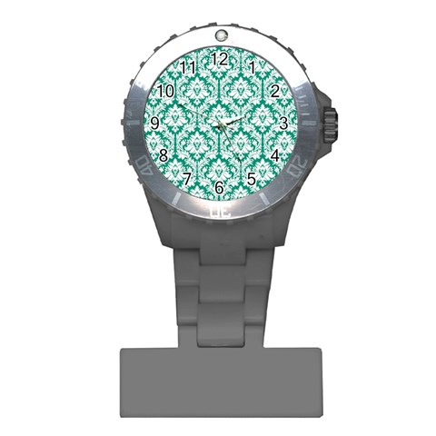 White On Emerald Green Damask Nurses Watch from ArtsNow.com Front