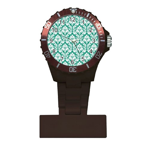 White On Emerald Green Damask Nurses Watch from ArtsNow.com Front