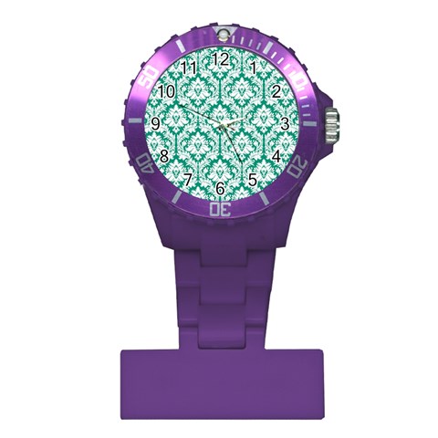 White On Emerald Green Damask Nurses Watch from ArtsNow.com Front