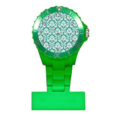 White On Emerald Green Damask Nurses Watch from ArtsNow.com Front