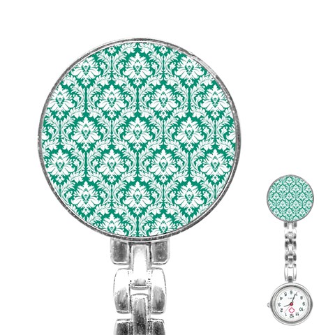 White On Emerald Green Damask Stainless Steel Nurses Watch from ArtsNow.com Front