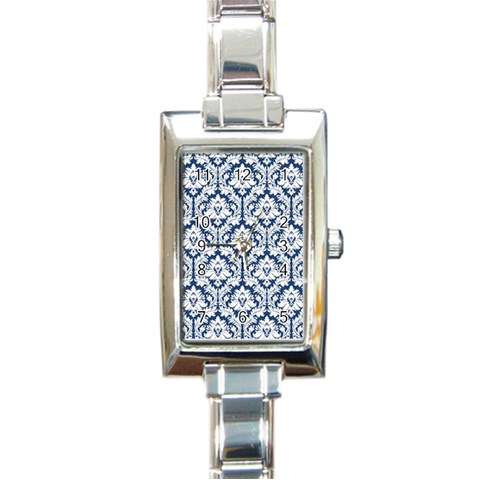 White On Blue Damask Rectangular Italian Charm Watch from ArtsNow.com Front