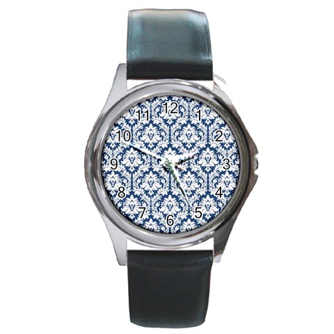 White On Blue Damask Round Leather Watch (Silver Rim) from ArtsNow.com Front