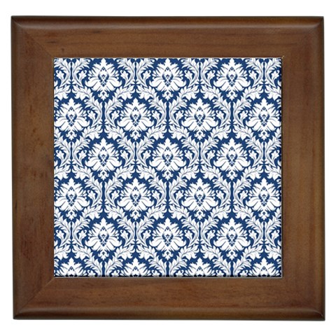 White On Blue Damask Framed Ceramic Tile from ArtsNow.com Front