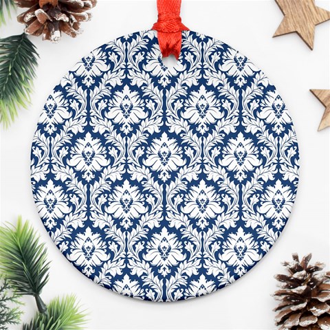 White On Blue Damask Round Ornament from ArtsNow.com Front